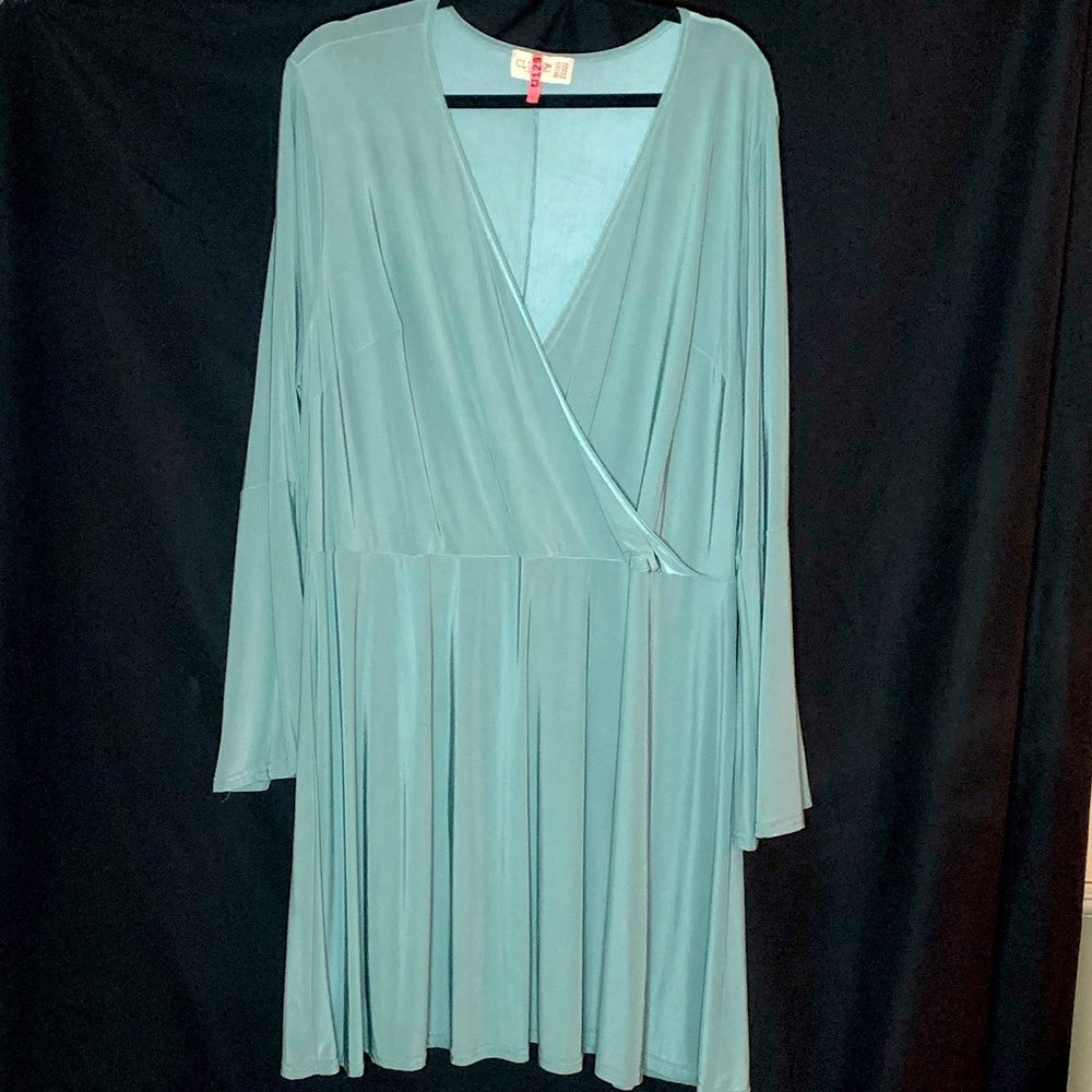 ASOS Club L Slinky Rib Wrap Dress in Smoky Teal, Long Bell Sleeves, BodyCon